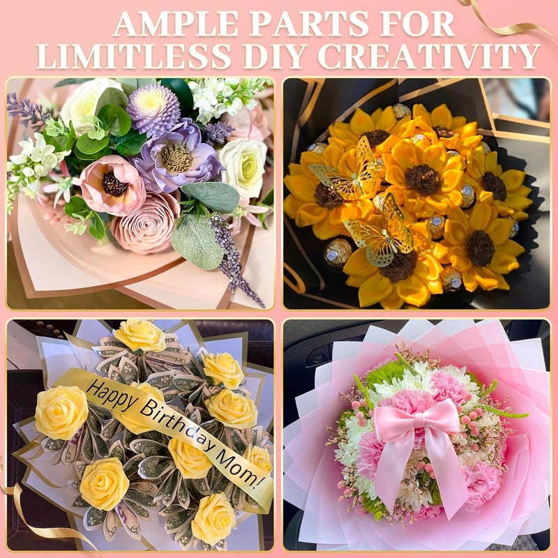 Besuper 260Pcs Flower Bouquet Wrapping Paper Kit , 60 Sheets Wrapping Paper, 36 Butterflies, 8 Crowns, 1 Headband, 4 Ribbons, 15 Cards, 100 Diamond Pins, Floral Wire, 3 Stickers, 3 Tapes (White & Yellowish) - Image 4